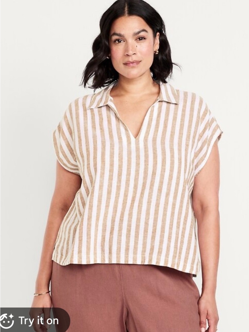 Old Navy Beige and White Striped Collared V-Neck Top